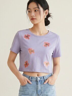 NWOT | Purple Pink Hibiscus Floral Print Short Sleeve Fitted Crop Top | Large